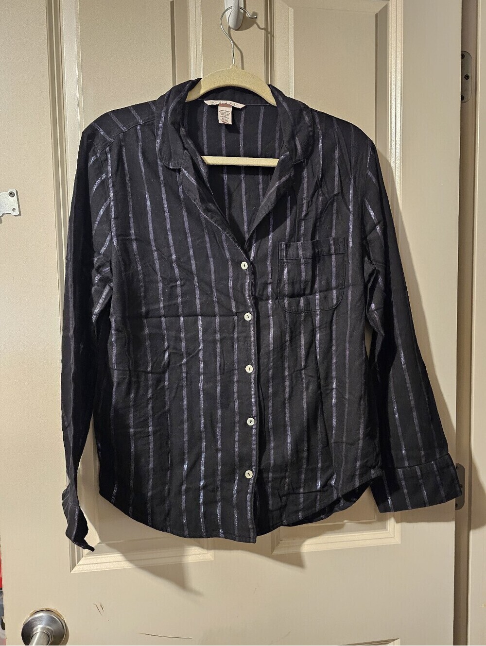 Victoria's Secret Black Pajama Button-Up Set with Silver Pinstripes S - Picture 2 of 11